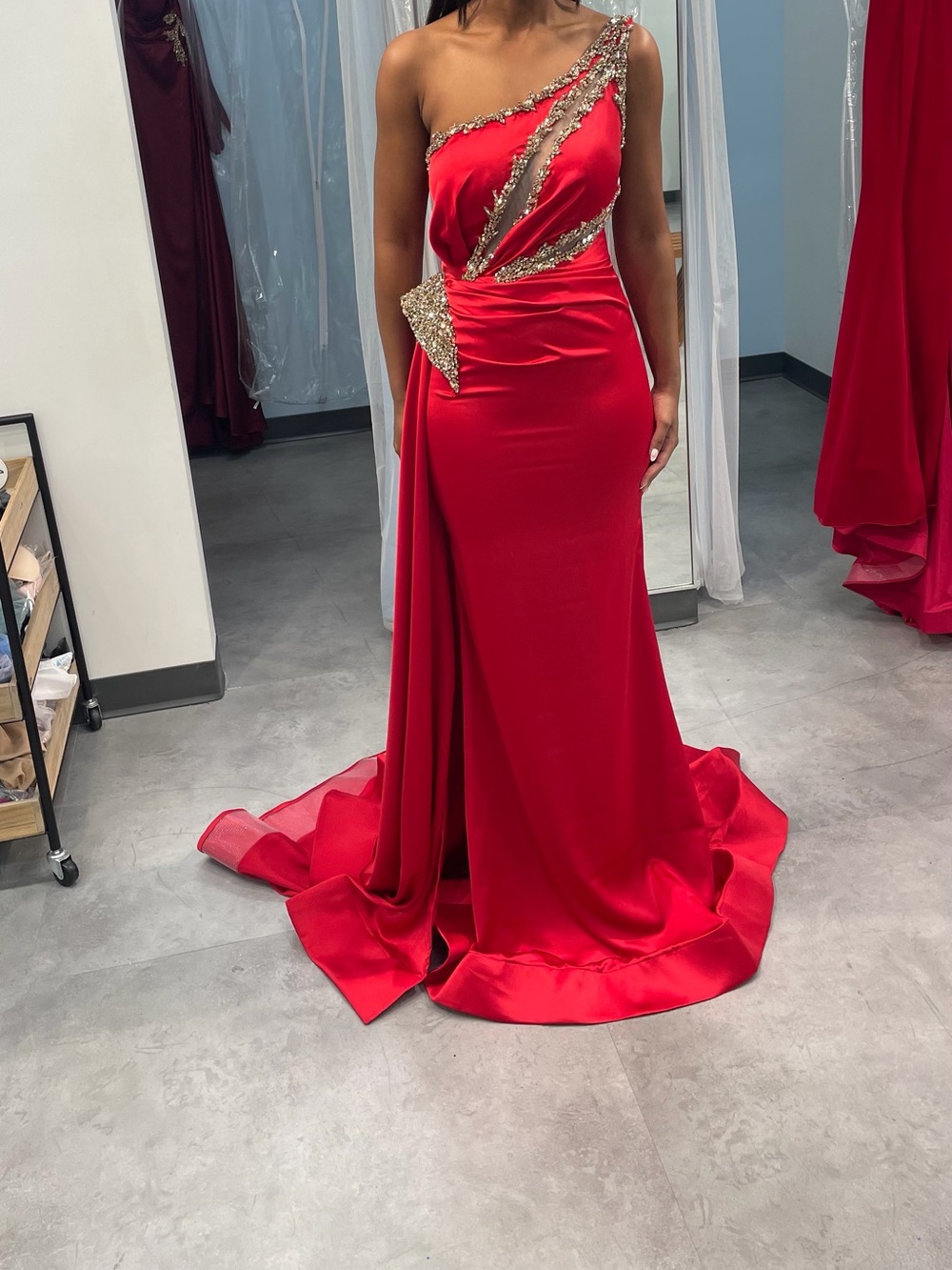 One-Shoulder Red Evening Gown with Gold Embellishment